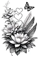 small lotus flower, orchids, two love hearts, two butterflies, feathers, more background flowers fine line tattoo design idea