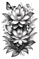 small lotus flower, orchids, two love hearts, two butterflies, feathers, more background flowers fine line tattoo design idea