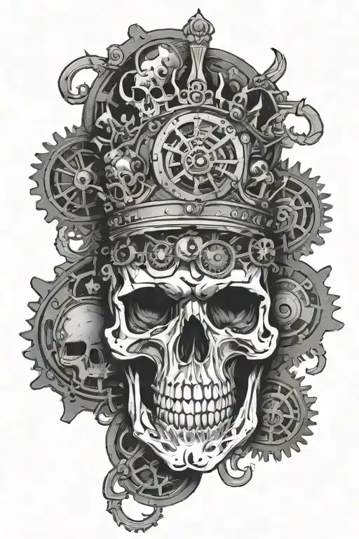 king skull, 3 clocks under skull, and gears as filler tattoo design idea