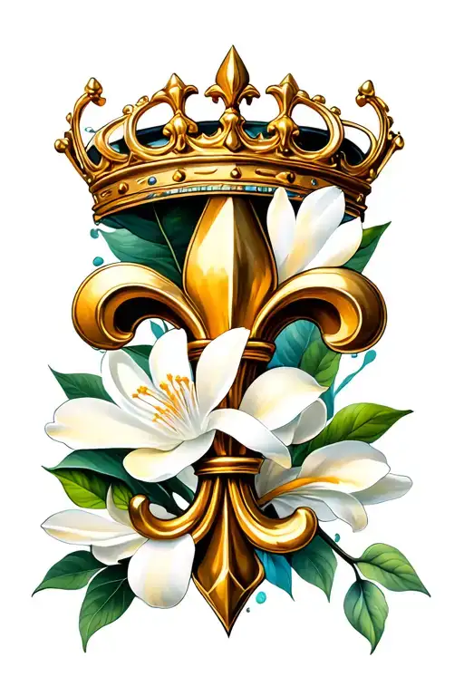 fluer de lis design incorporating elements of white magnolia, Pisces symbol, and crown  tattoo design idea