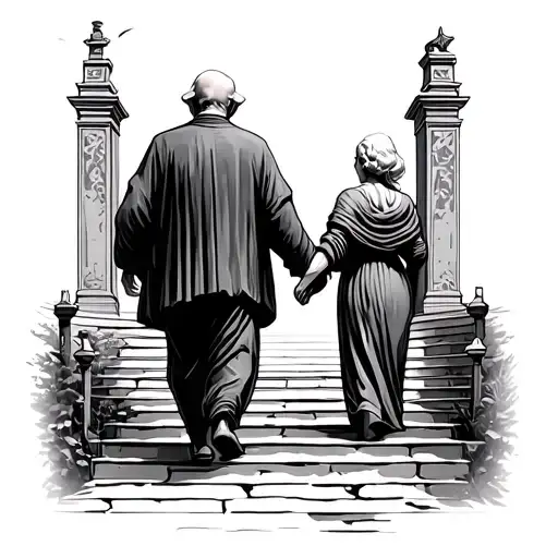 old man and old a woman walking on long stairs into beautiful heaven gates tattoo design idea