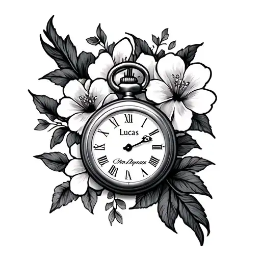 pocket watch with Japanese flowers and Lucas name tattoo tattoo design idea