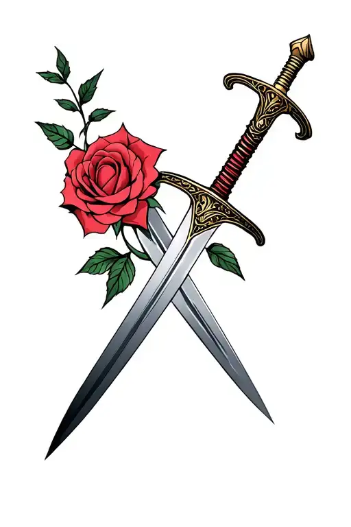 A minimalist design of the Mulan family sword intertwined with a rose from Beauty and the Beast tattoo design idea