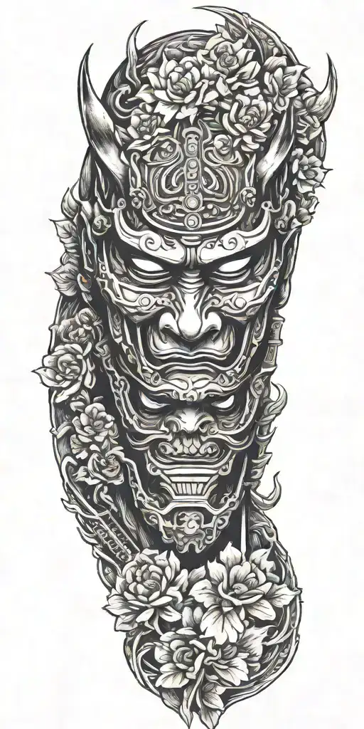 floral and demon samurai mask tattoo design idea