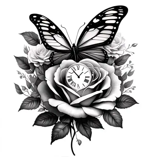 A bold and realistic black-grey tattoo of a butterfly and rose with a subtle heart-shaped elegant clock at 11:23 hidden within the design tattoo design idea