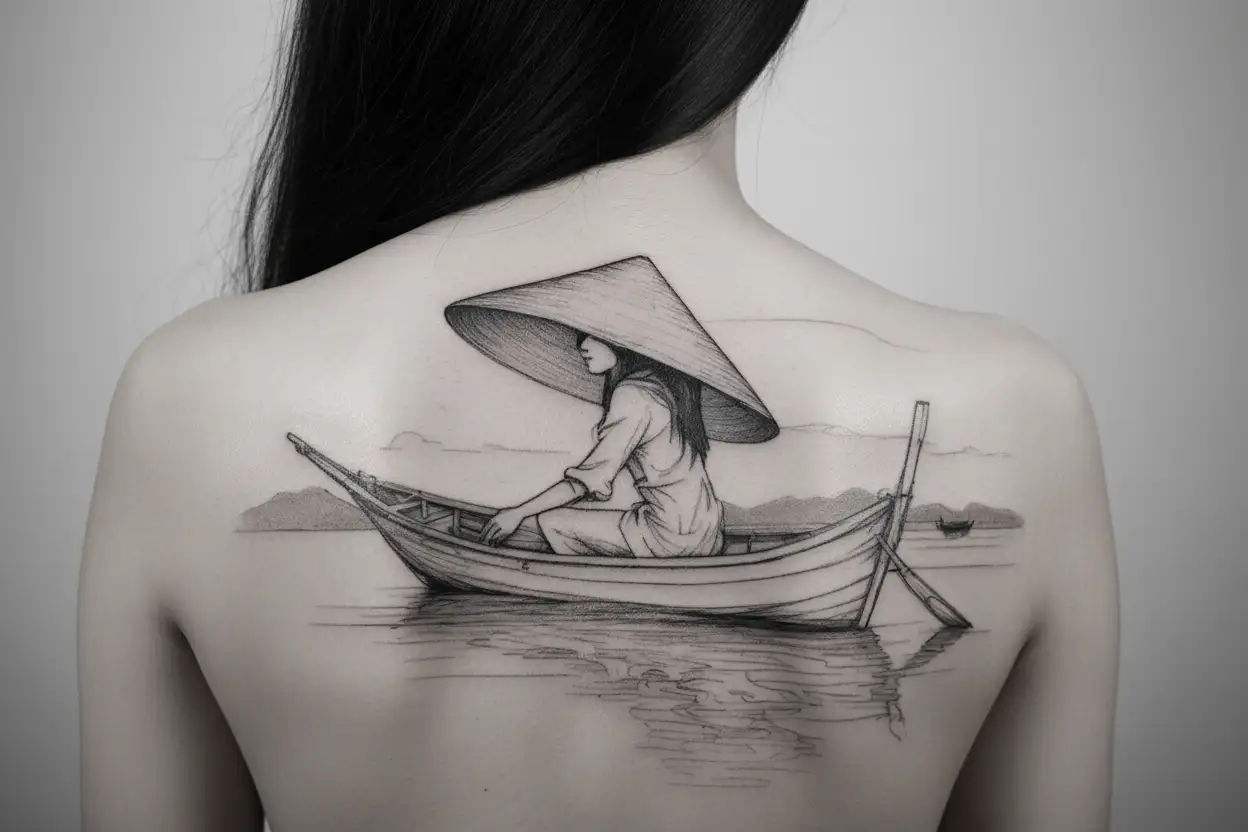 an abstract drawing of a  vietnamese girl with a vietnamese  hat on a vietnamese fishing boat in the distance  tattoo design idea