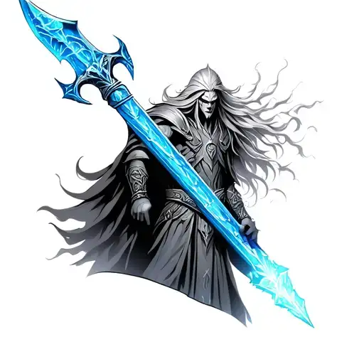 Arthas the Lich king from world of warcraft where the hair is visible flowing in the air and holds frostmourne with both tattoo design idea