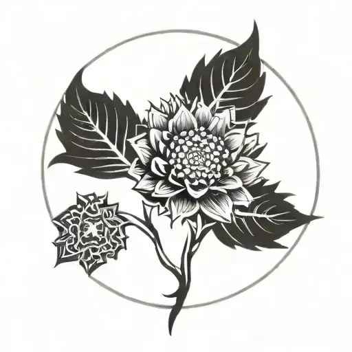 tribal marigold flower with Aztec calendar behind it tattoo design idea