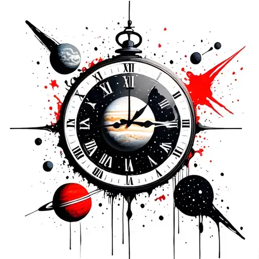 a clock with planets and comets inside, around the clock is a symbol of wisdom, a symbol of space, a symbol of fate, a symbol of love and tattoo design idea