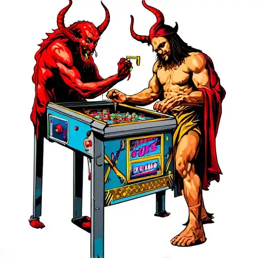 devil and god playing pinball machine tattoo design idea