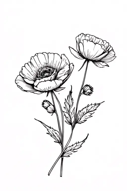 Ranunculus and poppy on stems tattoo design idea
