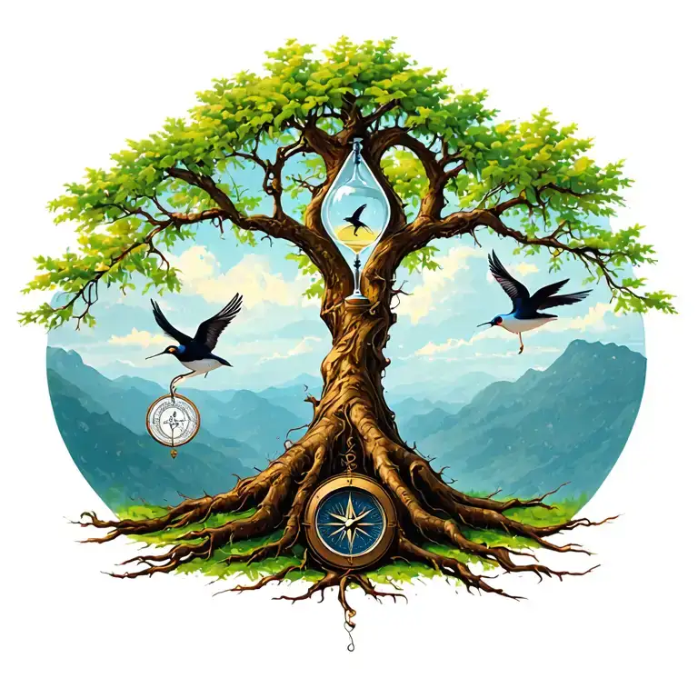 rooted tree with hour glass and swallows and a compass  tattoo design idea