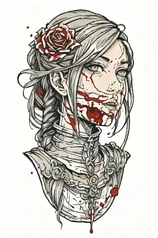 Dark Souls with hair with pigtails with blood on face Shoulder portrait tattoo design idea