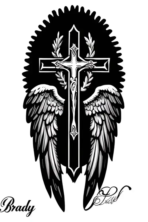 Catholic cross in front of angel wings with name "brady" in cursive tattoo design idea