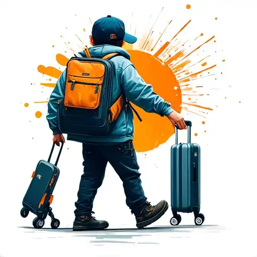 realism kid with a backpack and suitcase and cap that walk from behind  tattoo design idea