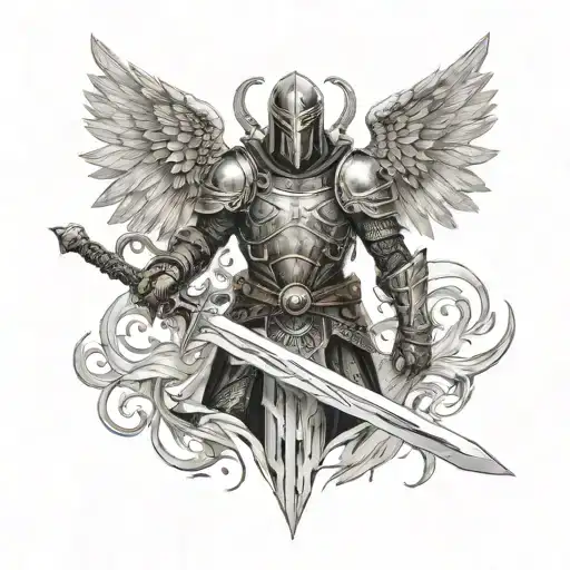 dark fantasy evil angel warrior massive sword and armor, empty face tattoo design idea