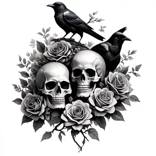 skulls roses grave stones dead tree crows perched tattoo design idea