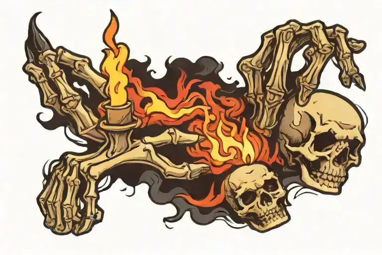 skeleton finger laying on ground with finger tip a candle burning with smoke rising tattoo design idea