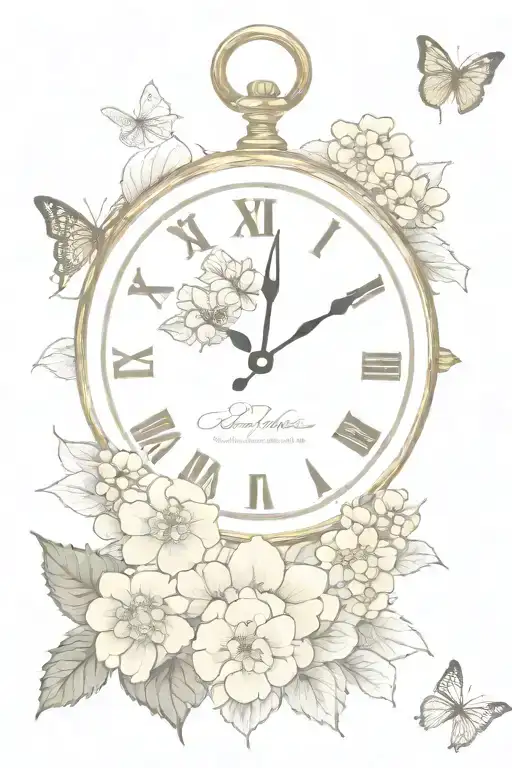 Hydrangeas, clock, compass, cross, butterfly, "It is better to lose a minute than to lose your life in a second" tattoo design idea