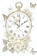 Hydrangeas, clock, compass, cross, butterfly, "It is better to lose a minute than to lose your life in a second" tattoo design idea