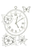 Hydrangeas, clock, compass, cross, butterfly, "It is better to lose a minute than to lose your life in a second" tattoo design idea