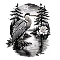 flowing river, great blue heron, cypress trees, camelia flowers tattoo design idea