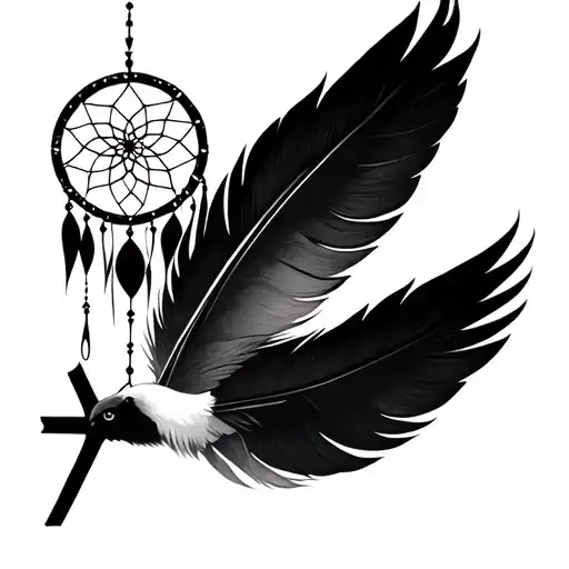 black cross, feather, dream catcher, dove flys away tattoo design idea