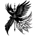 black cross, feather, dream catcher, dove flys away tattoo design idea