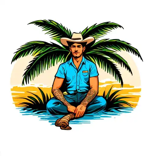 A man in the shirts and Panama sits under a palm tree tattoo design idea