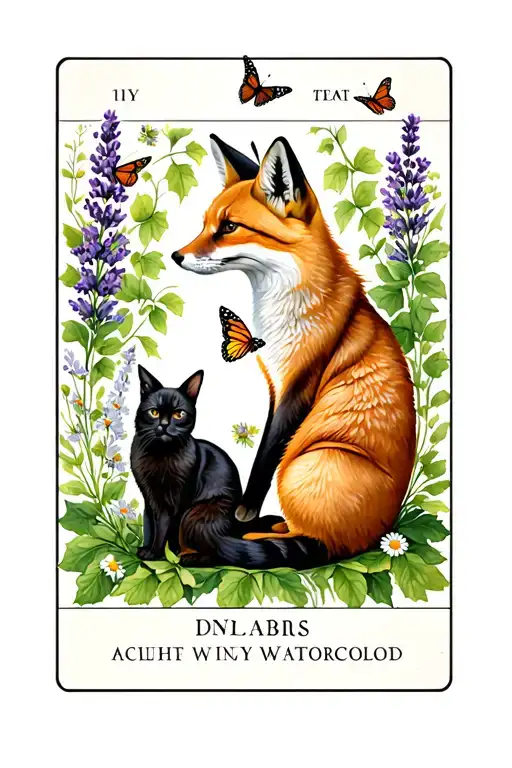Tarot card surrounded by english ivy, a red fox, a black cat, lavender, chamomile, leaves, a rabbit, monarch butterflies tattoo design idea