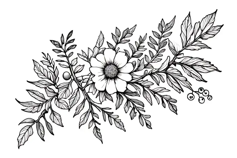Plant tattoo in black and white. Horisontal so plants next to each other. Plants flowers berries needs to be from nordic tattoo design idea