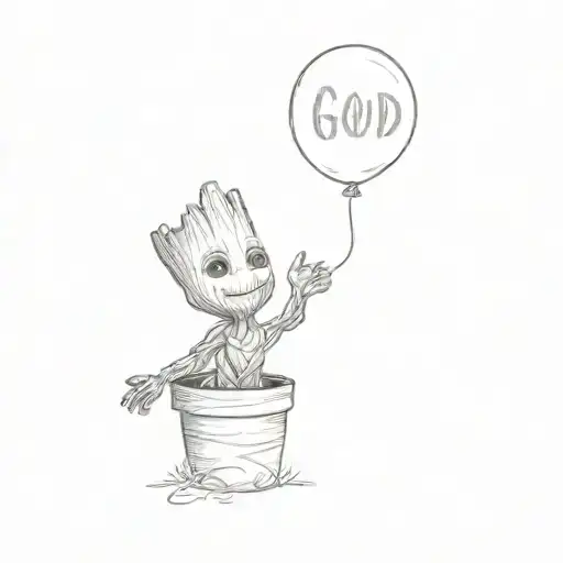 a baby groot holding a balloon tattoo design idea