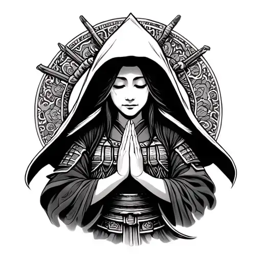 mother merry facing forward with hood praying samurai tattoo design idea