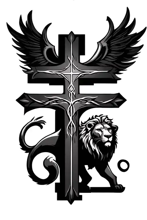 Christian cross with lion  tattoo design idea