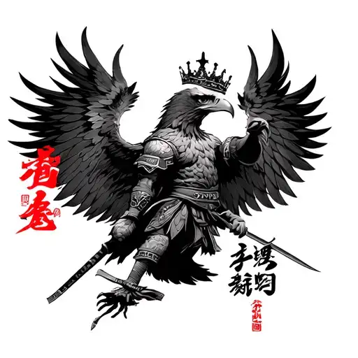 samura warrior ninja eagle crown and Japanese words of courage  tattoo design idea