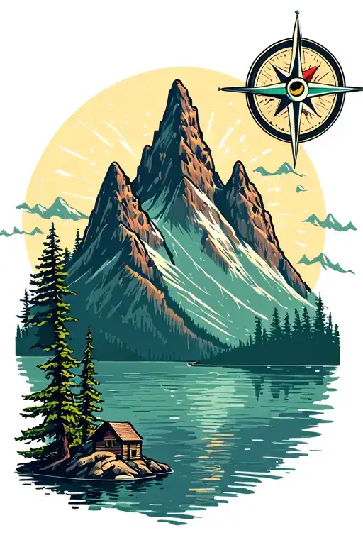 compass mountain lake tree tattoo design idea