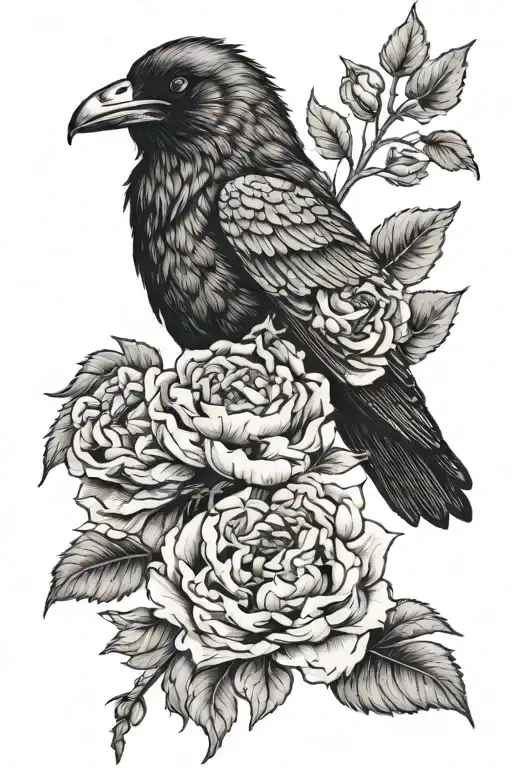 A raven with a peony branch in its beak tattoo design idea