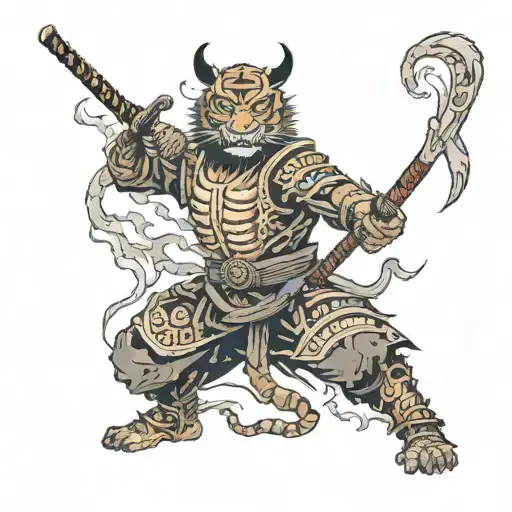 a warlike samurai in a hat with bloody swords in an oni mask standing in fire and under him stands a tiger in full growth tattoo design idea