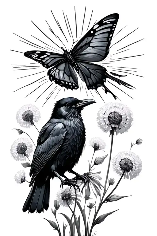 Crow chasing butterfly, dandelions in sun tattoo design idea