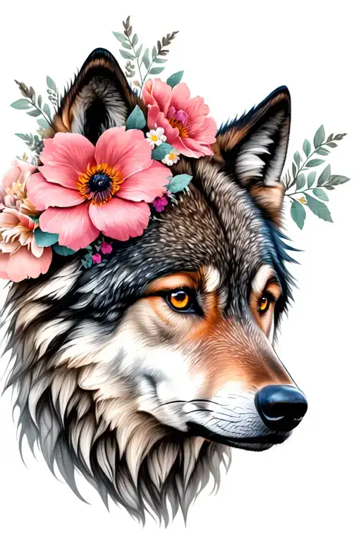 feminine wolf face side with flowers  tattoo design idea