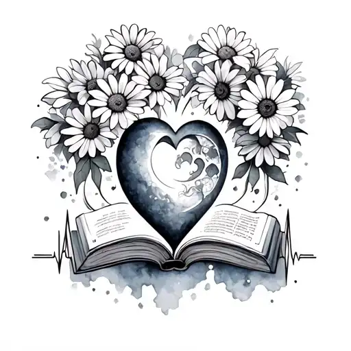 Memorial tattoo with daisies, heartbeat rhythm, handprint, watercolor, Celtic moon and books  tattoo design idea