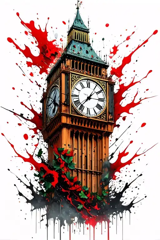 clock tower covered with ivy leaves tattoo design idea