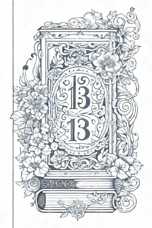 Closed Fairy Tale Book with number 13 on cover surrounded by vines and flowers growing tattoo design idea