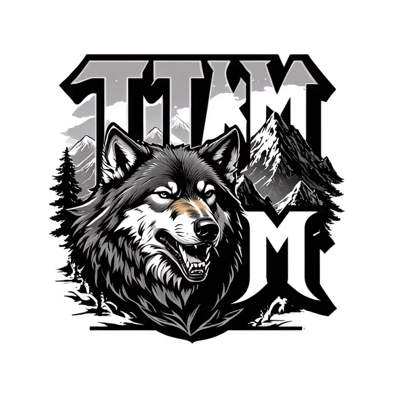 "т м" Growling Wolf And Mountains tattoo design idea