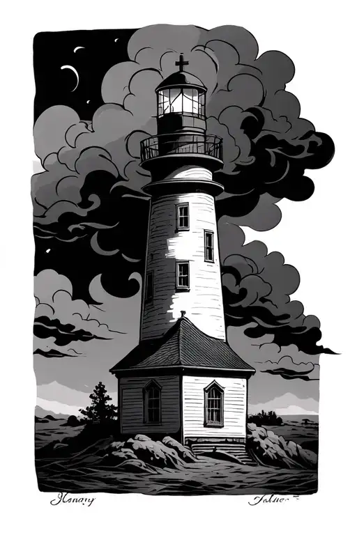 Christian light house storm clouds cross tattoo tattoo design idea