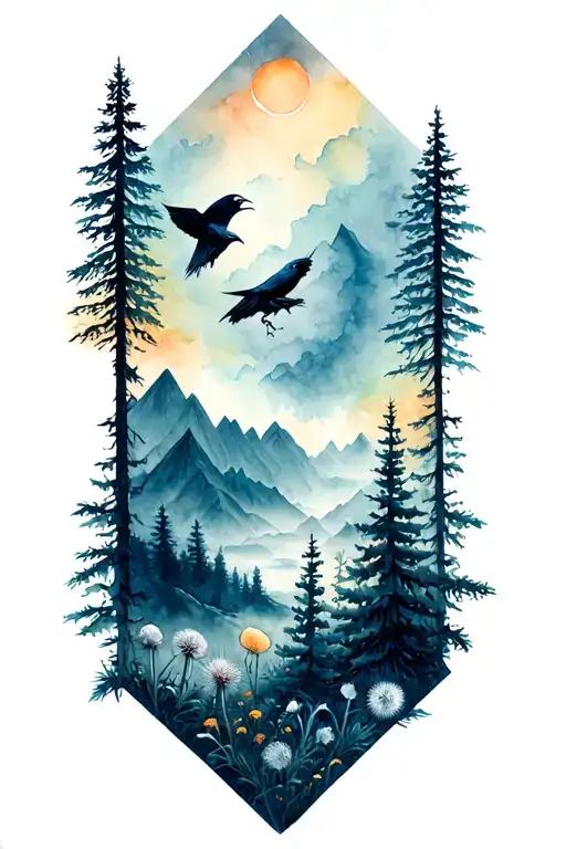  forest tattoo inspired by Viking lore and art work. shaped like a diamond.  have trees, ravens, mountains, dandelions. tattoo design idea