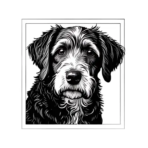labradoodle face close up. Only black and white, no shading. It's all enclosed with a thin line box surrounding the face tattoo design idea