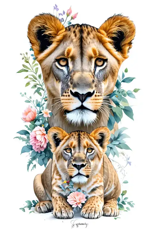 lioness 5 lion cubs flowers tattoo design idea