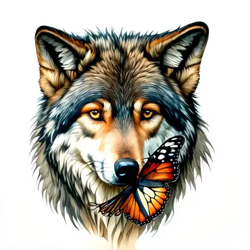 wolf with a butterfly resting tattoo design idea