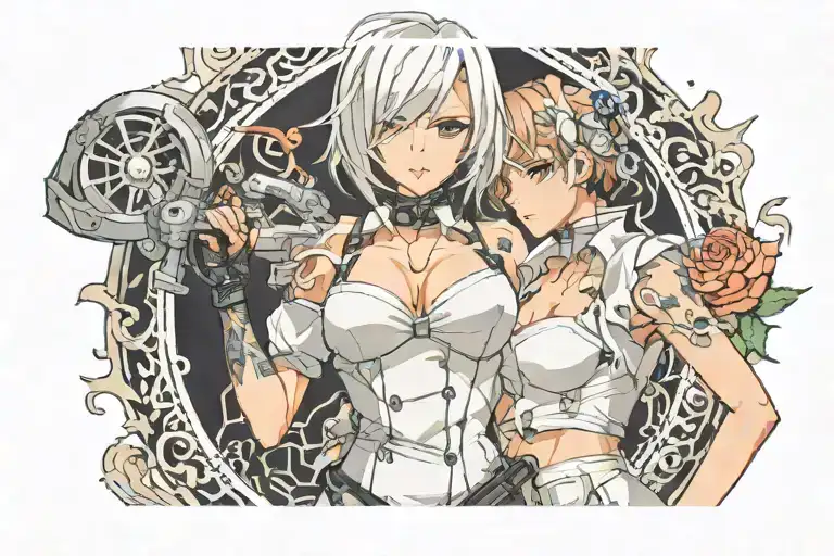 Sexy girl, Huge boobs, cleavage, petite, torn clothing, short white bob hairstyle, waist up view tattoo design idea